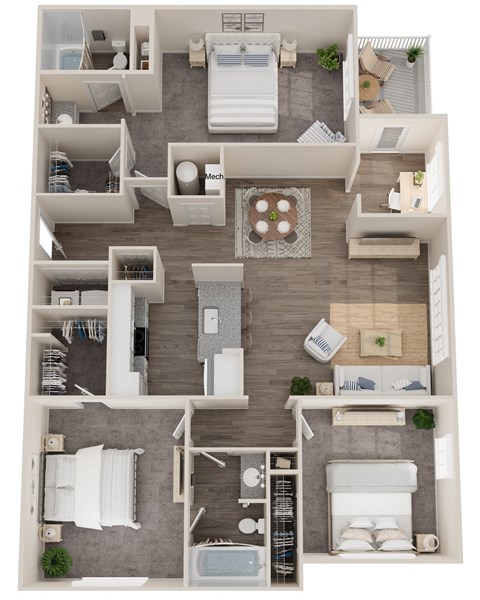 Floor plan for 3 beds, 2 baths, 1418 sqft